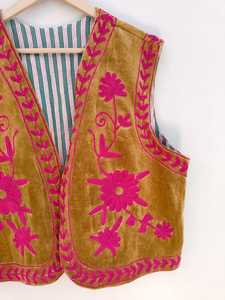 Chaqueta Bomber de Terciopelo Suzani Bordada a Mano, Reversible, Ecológica, Transpirable, de Manga Corta, Diseño Floral, para Invierno - Product Image 4