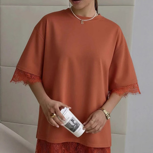 <span class=keywords><strong>Camiseta</strong></span> de Verano 2026 para Mujer, Informal, Holgada, de Algodón Lavado, con Cuello Redondo y <span class=keywords><strong>Encaje</strong></span>, Diseño Único con Abertura Trasera, Manga Corta, a la Moda - Product Image 3