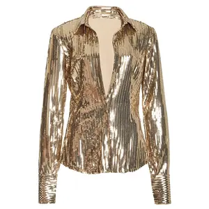 Custom Wholesale Women Sexy Fashion Long Sleeve Deep V Plugging Neck Sequin Lined Stretchy Blouse