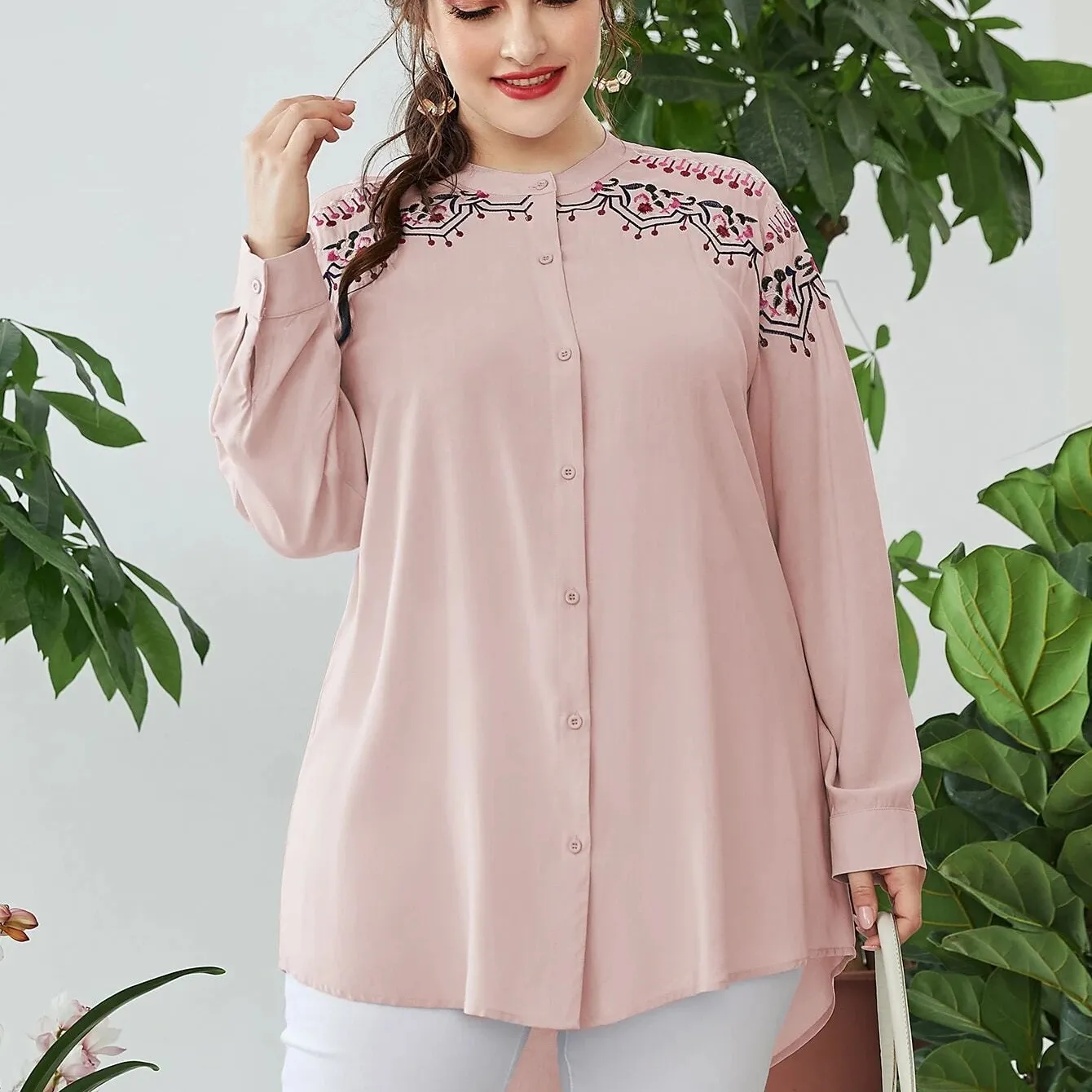 Casual Women Daily Polyester Blouse Fashion Hand Embroidery Long Sleeve Tunic Muslim Tops For Women Kebaya