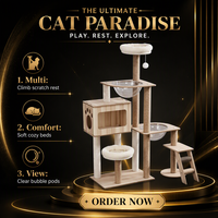 Arbre à chat multi-niveaux en bois avec tour de griffage, nid en peluche, capsule spatiale en acrylique et échelle en sisal pour chats d'intérieur