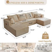 Canapé modulaire sectionnel en velours côtelé de 133 pouces, surdimensionné, en forme de U, sans accoudoirs, sans structure, moderne, gain de place, avec ottoman mobile pour salon