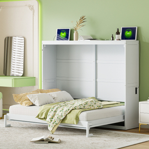 Modern Solid Wood Queen Size Murphy <b>Bed</b> Wall <b>Bed</b> Soft <b>Bed</b> White Eco-Friendly & Durable - Product Image 1