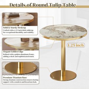 Table à manger moderne Tulip de 31,5 pouces, plateau en pierre frittée, base à bord doré, pour 2 à 4 personnes, salle à manger/café/petits espaces/restaurant - Product Image 5
