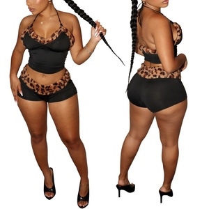 Sexy Lacing Short <b>Tops</b> Shorts Leopard Splicing Milk Silk Women's 2 Piece Set Fashion - Product Image 3