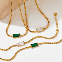 Ensemble collier et bracelet unisexe en zircon émeraude, acier inoxydable 316L, plaqué or 18 carats PVD, résistant à l'eau, sans ternissement, bijoux de luxe