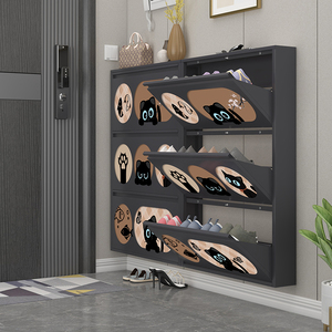 Armoire à chaussures en acier mince rabattable avec motif chat noir, meuble d'entrée dissimulé, armoire à chaussures slim en acier rabattable - Product Image 2