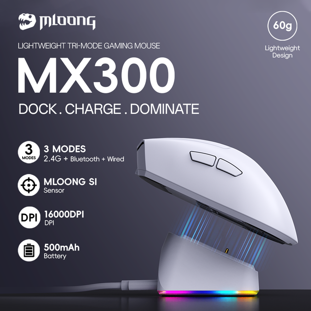 MLOONG MX300 Ultra-Lightweight Wireless Gaming Mouse 1K Polling Rate 16000 DPI Programmable Gaming Mouse with Charging Dock