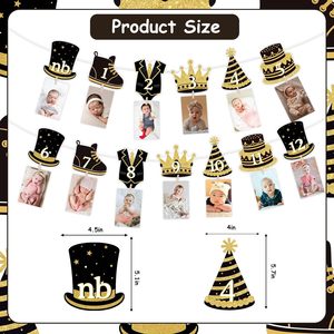 Striscione Fotografico Nero e Oro per il 1° Compleanno di Mr. ONEderful, Tema Gentiluomo, Espositore per Foto di 12 Mesi con Papillon e Cappelli a Cilindro - Product Image 2