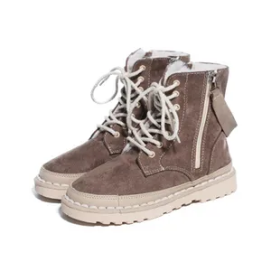 Women Warm Soft Winter flat Shoes Fuzzy Cow Leather Snow Boots wirh zip comfortable women shoe shoelace western boot women