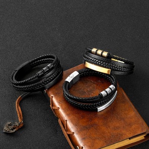 High Quality Men's Stainless Steel Magnet Buckle <b>Bracelet</b> Classic Black Genuine <b>Leather</b> Bohemia Style for Gift - Product Image 1