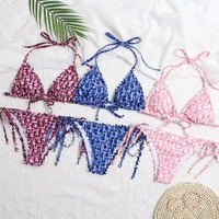 Dames Nieuwe Mode Bescheiden Luxe Bloemenprint Badmode Custom Mini Micro Halter Bikini Hoge Taille String Strandkleding