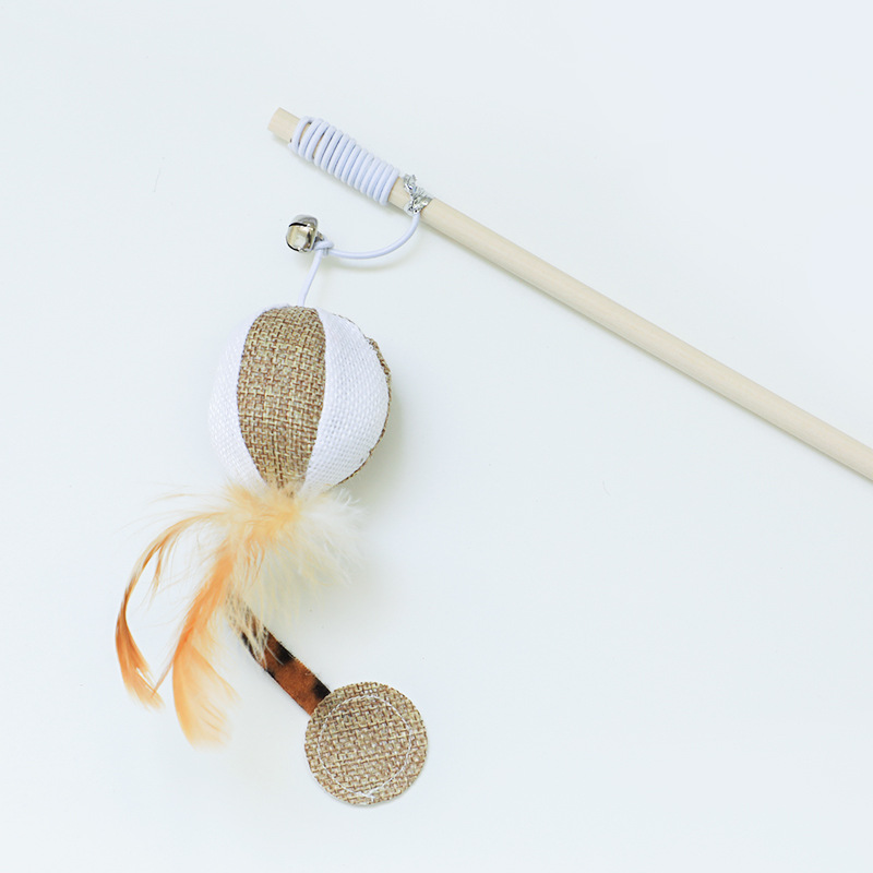 Bâton teaser pour chat en bois - boule de plumes