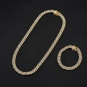 RQ Iced Out Cuban Chain Alloy Rhinestones 9mm Cuban Link Chain Necklace Bracelets Cheap Rapper Jewelries Cadenas De Oro