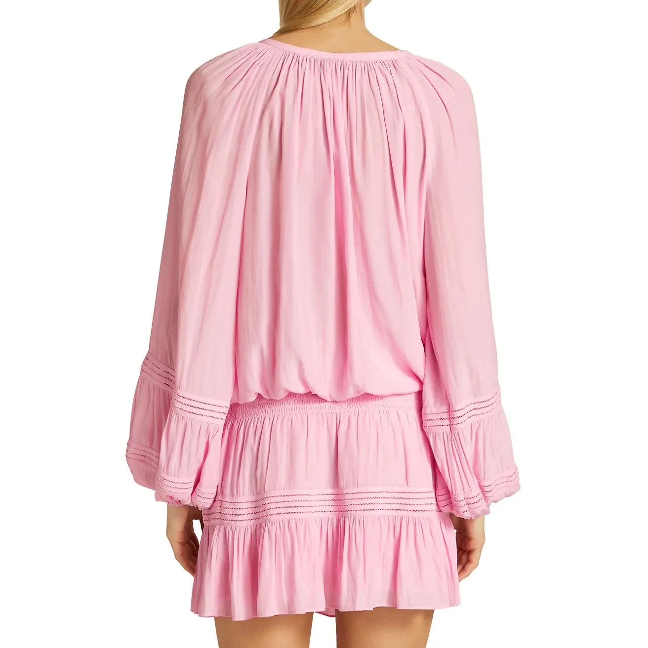 OEM Custom Long Sleeve Silk Cotton Lady Elegant Casual Summer V-neck Hot Pink Mini Dress Women