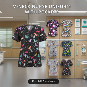 Camice Medico Stampato Personalizzato con Scollo a V, Uniforme da <span class=keywords><strong>Infermiere</strong></span> con Tasche Applicate, Camice da <span class=keywords><strong>Infermiere</strong></span> con Disegni Cartoon - Product Image 2