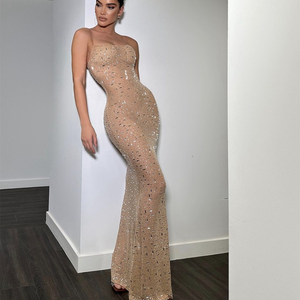 2025 Women's Sexy Glitter Nude Mesh Rhinestones Bodycon Maxi Dress  See-Through Sequin Long Summer Club Evening Party Dress