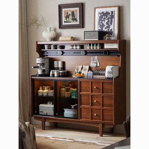 Retro Style Solid Wood <b>Sideboard</b> With Storage Drawers And Glass Doors For Dining Room Cabinet - Product Image 1