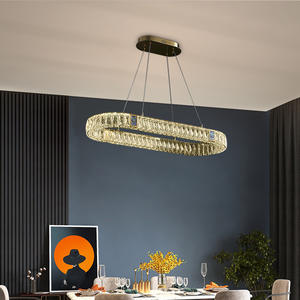 Lustres de luxe pour salon à LED avec anneau en cristal et pendentif en verre doré avec télécommande - Product Image 3