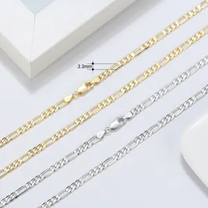 RINNTIN SC34-3.3 Men Chain Hiphop Jewelry 18K Gold Over 925 Sterling Silver 3.3mm Diamond-Cut Figaro Chain Necklace