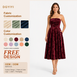 Abito Donna Vintage Elegante Romantico <span class=keywords><strong>Midi</strong></span> Svasato a Spalle Scoperte in <span class=keywords><strong>Velluto</strong></span> Goffrato Opaco 240G Senza Spalline con Pieghe Personalizzabile - Product Image 1