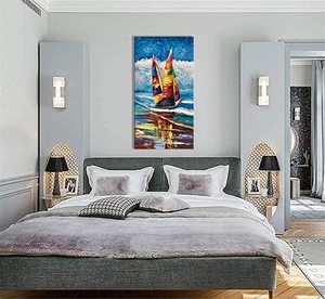 Dipinti di arte della parete pittura a olio acrilica dipinta a mano moderna su tela barca a vela sul mare dipinti astratti - Product Image 5