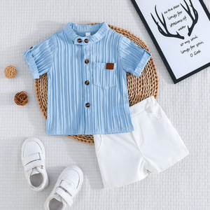 Vêtements pour garçons en bas âge en gros, chemises boutonnées + ensembles de shorts, tenues de plage 2 pièces pour garçons avec poches, vêtements pour enfants - Product Image 1