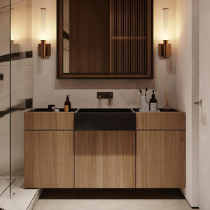 Simplified wood grain rock board integrated seamless basin intelligent <b>mirror</b> cabinet customized bathroom cabinet - Product Image 1