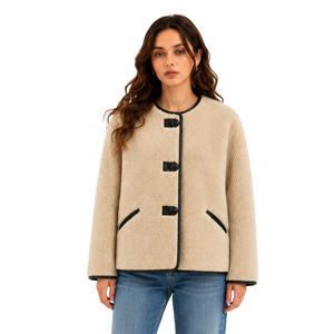 เสื้อแจ็คเ<span class=keywords><strong>ก</strong></span>็ตขนแกะเทียมสำหรับผู้หญิง แบบไม่มีปก ทรงบ็อ<span class=keywords><strong>ก</strong></span>ซี่ แต่งขอบสีดำ แขนยาว อุ่นสำหรับฤดูหนาว ขายส่ง - Product Image 1