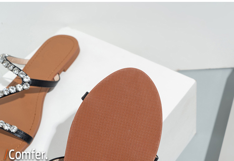 Fashion Rhinestone Flat Shoes Women's Slippers Beach Sandals Girls Leather Pu Slides