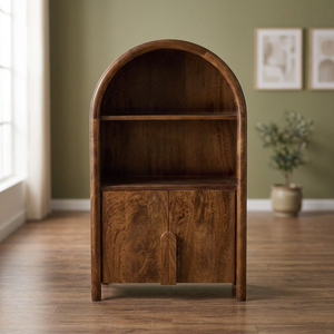 Organic Modern Teak <b>Wood</b> Arched Book Storage with Double Closed Doors - Product Image 3