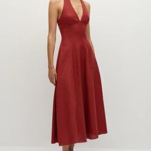 Vestido Midi Informal de Lino y Algodón para Mujer, Estilo Sexy con Decoración de Encaje, Venta Caliente, Estampado Natural - Product Image 2