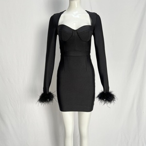 Vestido Formal Personalizado OEM de Otoño, Manga Larga, Elegante, con Plumas, Color Sólido, Mini, Informal, Tejido Natural, para Mujer - Product Image 6