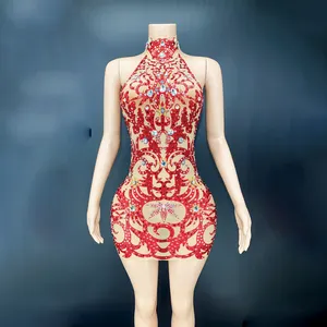 rahat dans kostümleri Suppliers-Novance Y2373 seksi doğum günü elbiseleri 2022 yaz kadın çiçek Backless sıkı Bodycon elbise Casual kırmızı dans kostümü elmas ile
