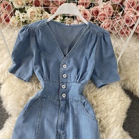 Robe en jean Vintage pour femmes, couleur unie, style sirène, col en v, Sexy, une pièce, femme, manches courtes, robes décontractées