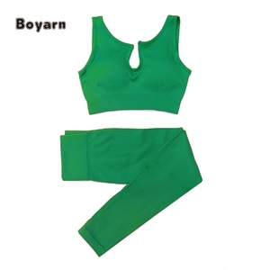 Boyarn, conjuntos de ropa de Yoga de 2 piezas acanalados sin costuras, mallas de cintura alta para mujer y conjunto de dos piezas superior, chándal sin costuras - Product Image 5