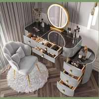 Table de toilette intelligente de luxe moderne avec miroir LED et plateau en verre, meuble de coiffeuse avec armoire latérale pour chambre à coucher et dressing