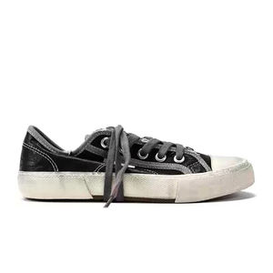 QIFON zapatos vulcanizados para hombres y mujeres de cuero genuino lavado Horsehide a rayas antideslizante moda Casual estilo Retro Low-top - Product Image 1