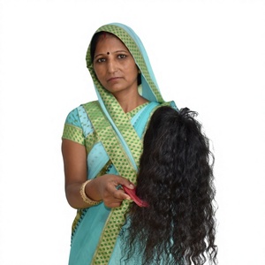 Extensiones de cabello humano indio negro rizado ondulado Natural sin enredos virgen templo alineado cutícula sin procesar 100% - Product Image 1