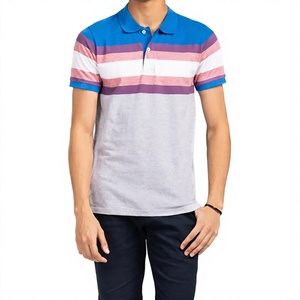 Polo en tricot rayé à manches courtes pour homme, design décontracté bicolore, coupe classique, bleu, rose, blanc, gris - Product Image 3