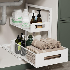 Kitchen Sink Storage Rack Drawer <b>Basket</b> 2 Tier Pull Out Multi Function No Drill Installation White Black - Product Image 1