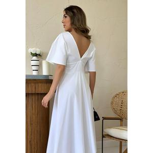 Vestido Midi Blanco con Cuello en V y Espalda Descubierta, Corte en A, Cintura Natural, Tejido Transpirable, Uso Diario Informal - Product Image 1