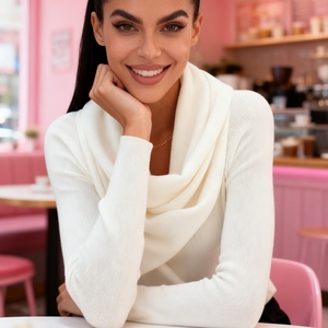 เสื้อสเวตเตอร์ถักสีพื้นแบบอสมมาตรคอวีแฟชั่นฤดูใบไม้ร่วง/ฤดูหนาวสำหรับผู้หญิง - Product Image 2