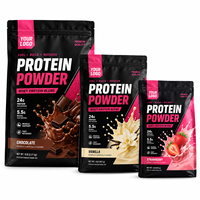 Sachet d'emballage personnalisé noir et rose pour poudre protéinée avec trois pochettes refermables similaires pour un soutien musculaire premium