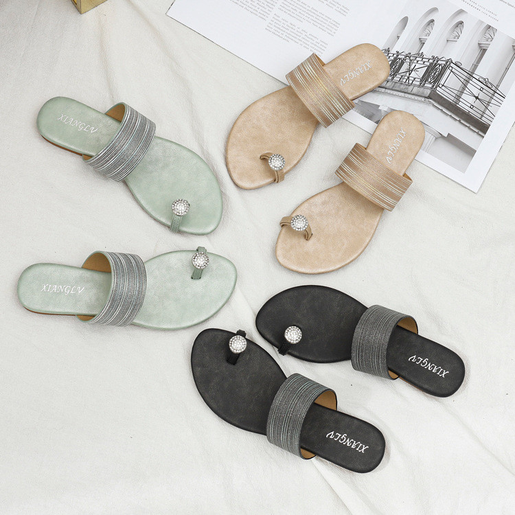 Women Flat Slides Sandals Summer Casual Beach Slippers Ladies Crystal Rhinestone Sandals
