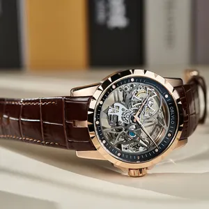 Oblvlo relógio esqueleto para homens, display analógico, turbilhão, relógios automáticos, pulseira de couro marrom RM-S
