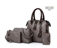 Ensemble de sacs à main vintage en similicuir 4 pièces pour femme : sac fourre-tout, sac bandoulière, pochette et portefeuille avec breloque chat à pompon