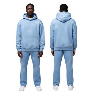 Conjunto de chándal para hombre azul polvoriento transpirable de peso pesado: Sudadera con capucha esencial y pantalones de pierna recta con dobladillo sin rematar, ajuste holgado, para invierno. - Product Image 1