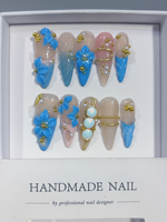 Faux Ongles à Presser en Acrylique Faits Main, Motif Fleur 3D en Argile Bleue, Perle et Chaîne Dorée, Longs Stilettos, pour Usage Professionnel en Salon