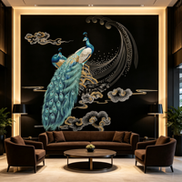 Wallpaper Tempel, Mural Burung Biru Hijau, Dinding Latar Belakang Hitam untuk Villa, Hotel, Klub, Kamar Tidur & Dinding Sofa di Foyer